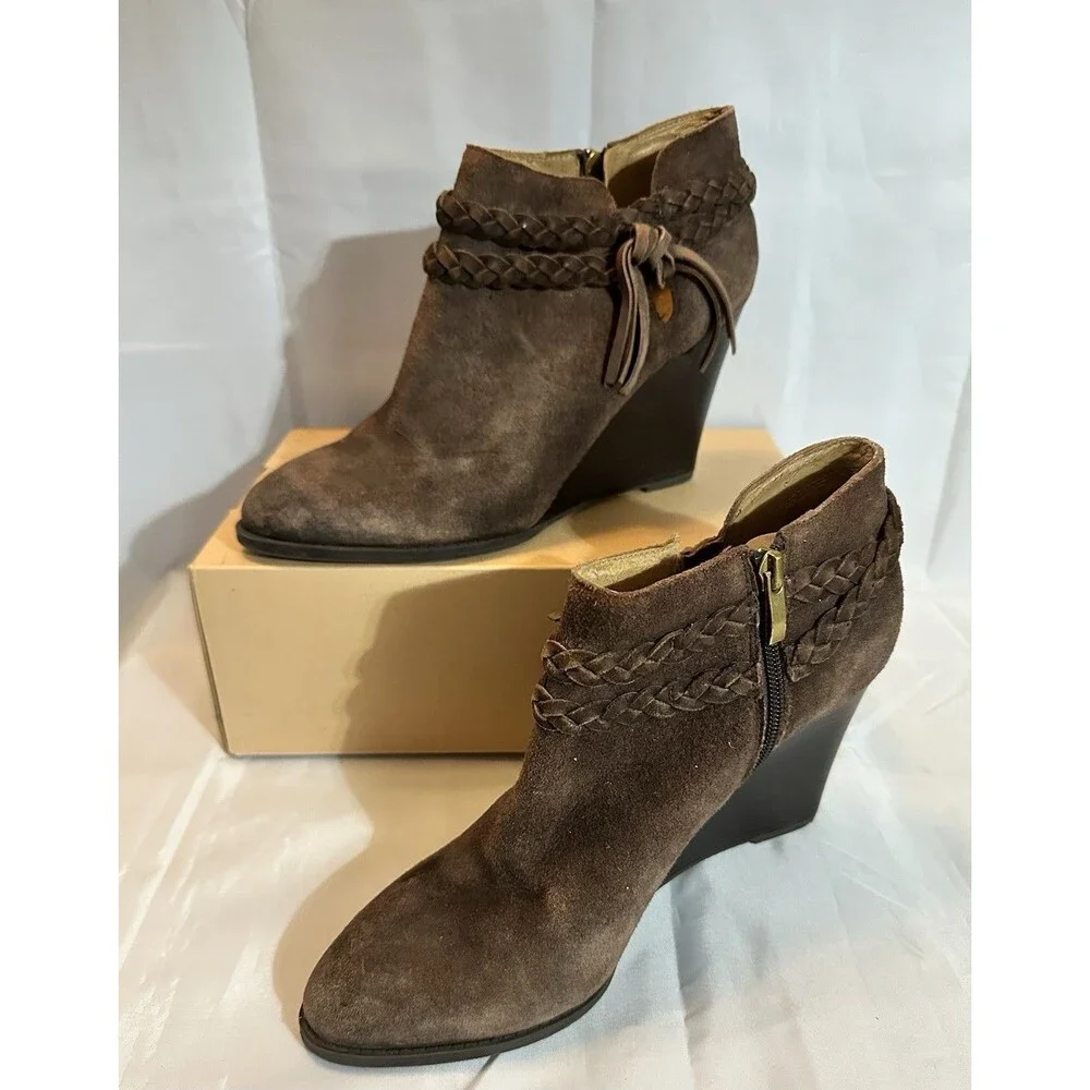 Franco Sarto Brown Suede Wedge Booties Braided Tassel Boho Womens 10